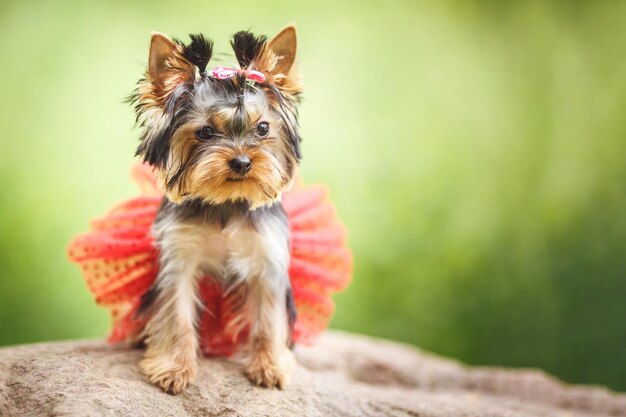 Śliczny szczeniak suczki Yorkshire Terrier mały pies z czerwoną spódniczką na zielonym rozmytym tle