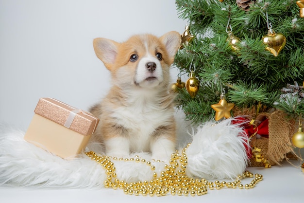 Śliczny szczeniak walijski corgi na tle Nowego Roku w pobliżu choinki