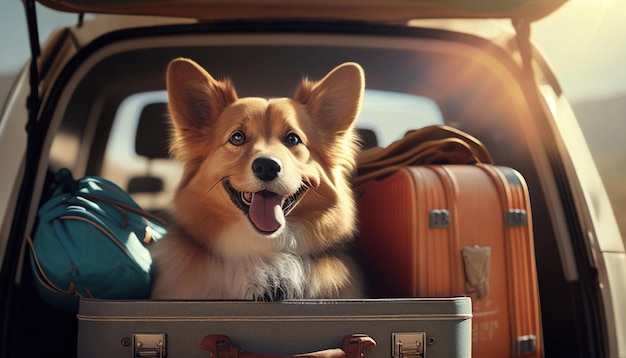 Śliczny szczęśliwy pies siedzi w bagażniku samochodu w promieniach słońca przez Generative AI