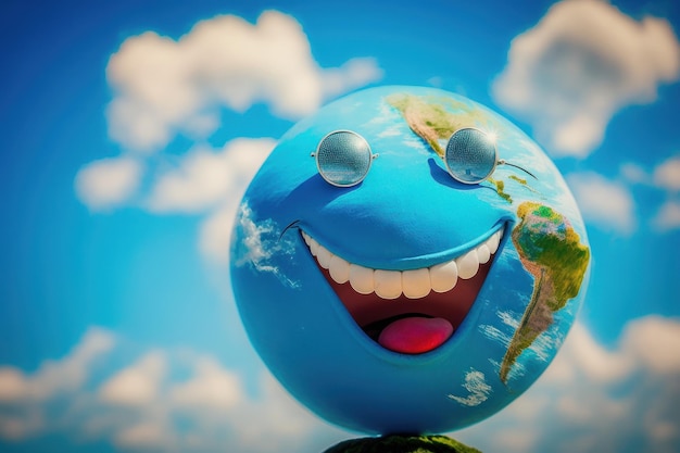 Zdjęcie Śliczny znak ziemi śmieje się na tle błękitnego nieba szczęśliwy dzień ziemi światowy dzień śmiechu