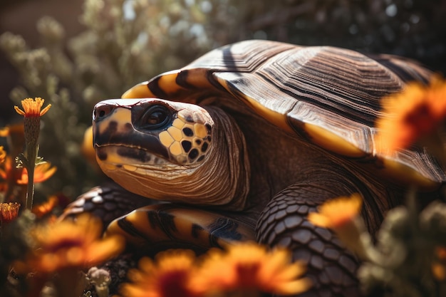 Śliczny żółw odpoczywa w kolorowym ogródzie Naturalny spokój generatywny IA