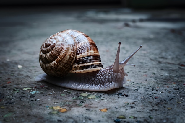 Ślimak Helix porusza się po betonowej podłodze na zdjęciu z bliska