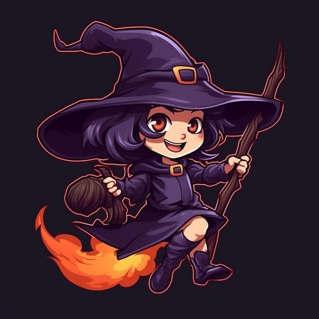 Słodka czarownica jadąca na logo maskotki magicznej miotły 5