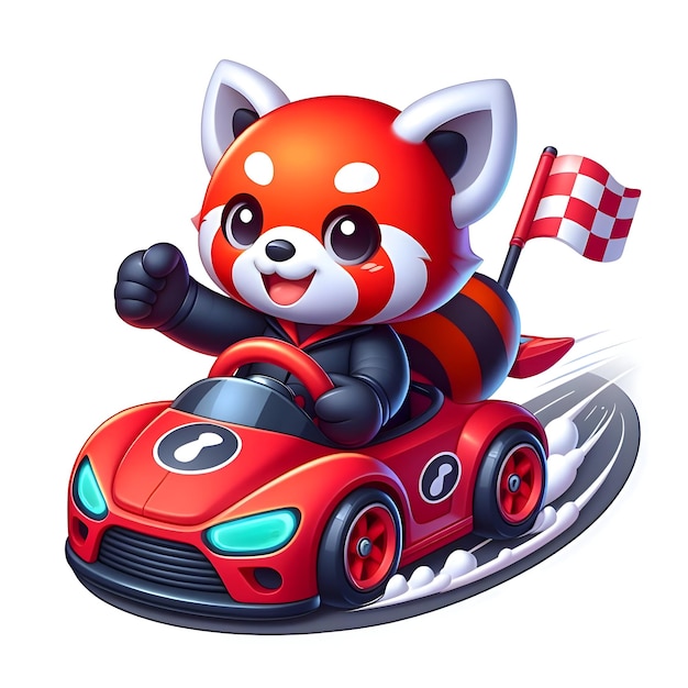 Zdjęcie słodka czerwona panda jeżdżąca czerwonym samochodem