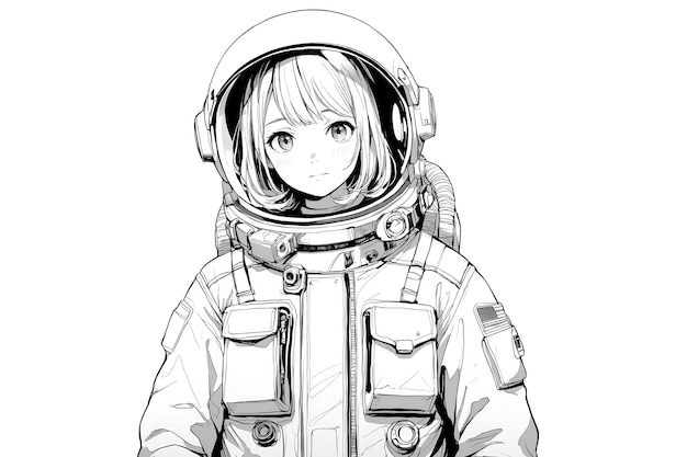Słodka dziewczyna-astronauta w stylu anime w czarno-białym rysunku
