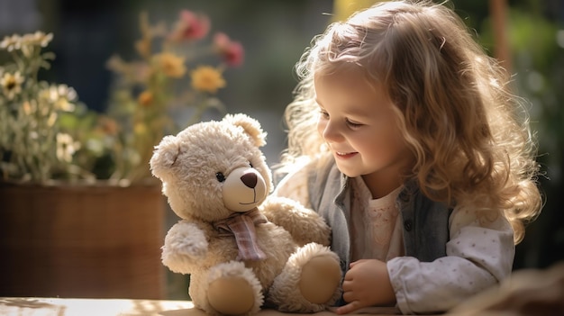Słodka dziewczyna bawi się z pluszowym niedźwiedziem Generative Ai