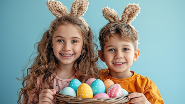 Słodka dziewczyna i chłopiec z króliczymi uszami trzymają koszyk z kolorowymi jajkami wielkanocnymi