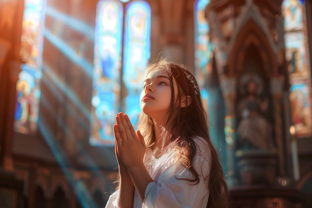 Słodka dziewczyna modli się w kościele, gdzie Jezus daje radość pokoleniu