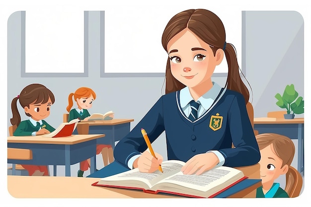 Słodka dziewczyna siedząca przy biurku i czytająca książkę uczeń szkoły podstawowej w mundurze ilustracja wektorowa izolowana na białym tle