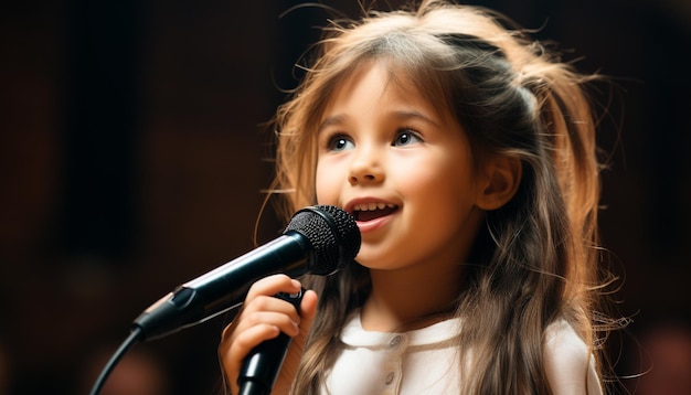 Słodka dziewczyna śpiewająca na scenie radosny muzyk występujący z szczęściem generowanym przez sztuczną inteligencję