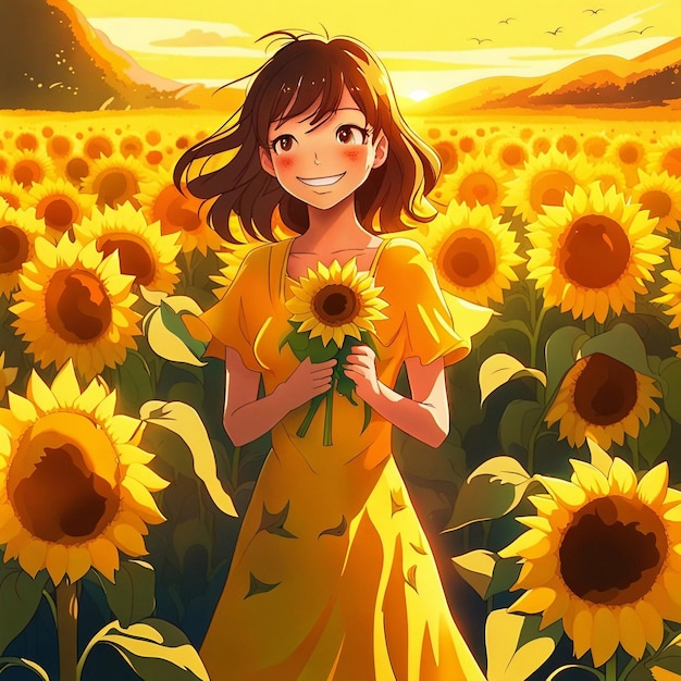 Słodka dziewczyna w żółtej sukience stoi w żółtym ogrodzie słonecznika.