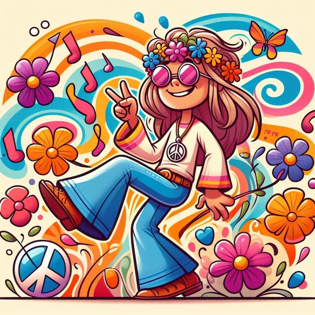 Słodka dziewczyna z kreskówkami z kwiatami.