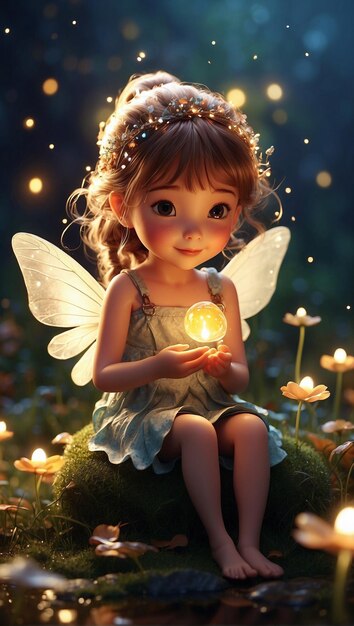 Zdjęcie słodka dziewczyna z ptasimi skrzydłami i świecącym światłem.