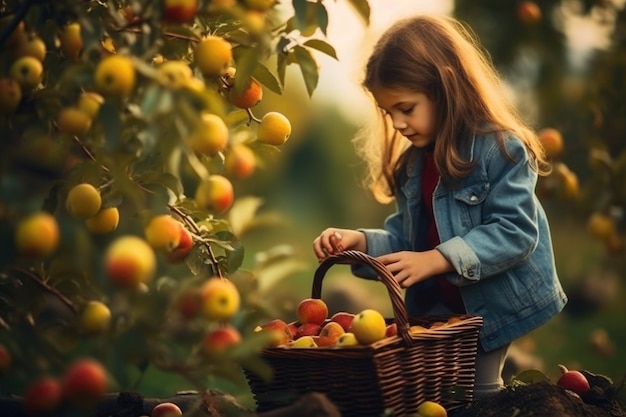 Słodka dziewczyna zbiera plony owoców na farmie jesienią