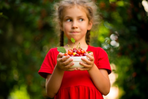 Słodka dziewczyna zbiera wiśnie w ogrodzie o zachodzie słońca Letnie produkty przyjazne dla środowiska