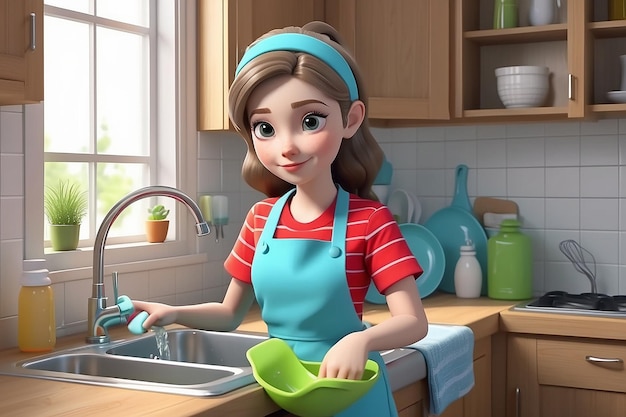 Słodka dziewczyna zmywająca naczynia Nastolatek zmywający naczynia