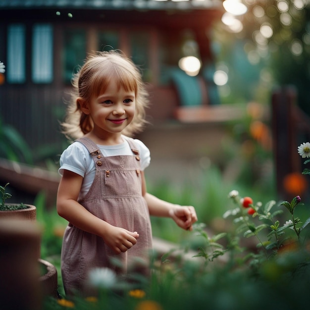 Słodka dziewczynka bawiąca się w ogrodzie.