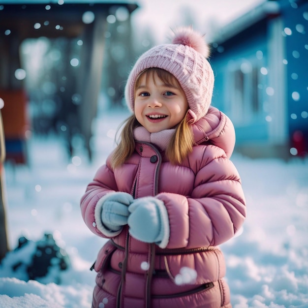 Słodka dziewczynka bawiąca się w śniegu.