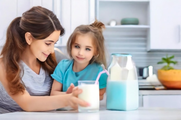 Zdjęcie słodka dziewczynka i jej piękna młoda mama jedzą muffiny z mlekiem i uśmiechają się podczas odpoczynku