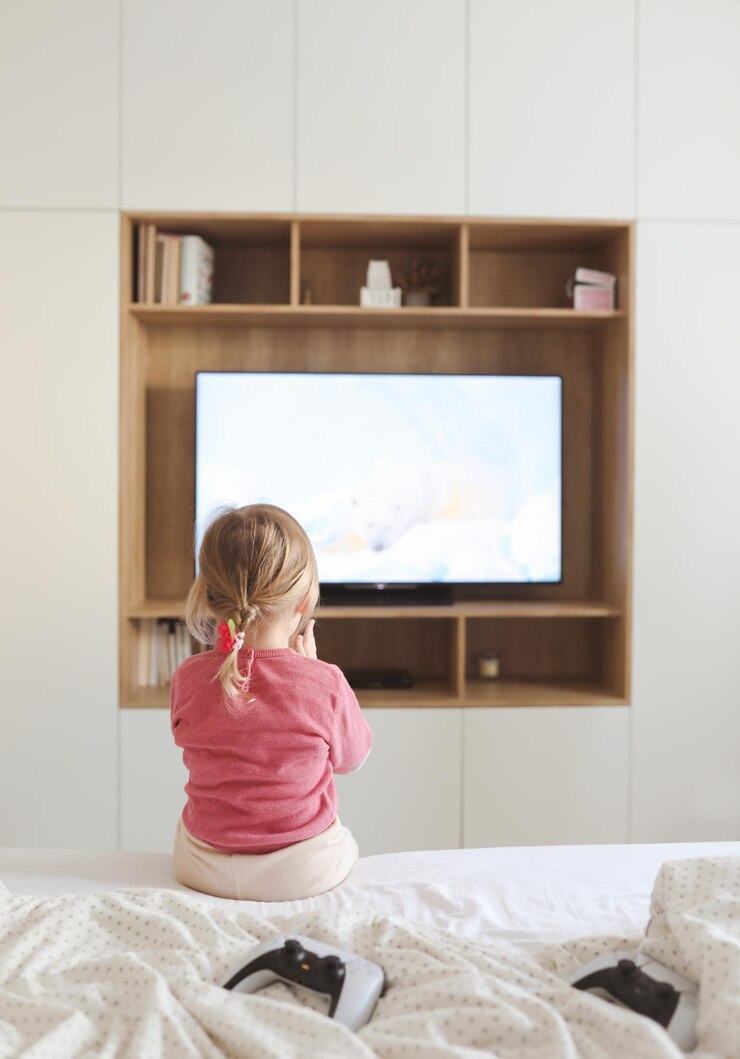 Słodka dziewczynka oglądająca telewizję w domu.
