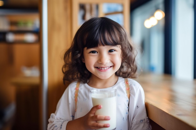 Słodka dziewczynka rasy mieszanej siedząca przy stole w kuchni ze szklanką mleka w dłoni