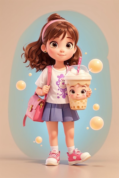 Słodka dziewczynka trzymająca herbatę z mlekiem z bąbelkami ręcznie narysowana ilustracja postaci z kreskówek