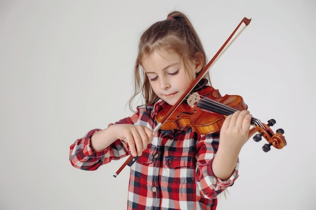 Słodka dziewczynka uczy się grać na skrzypcach na białym tle.
