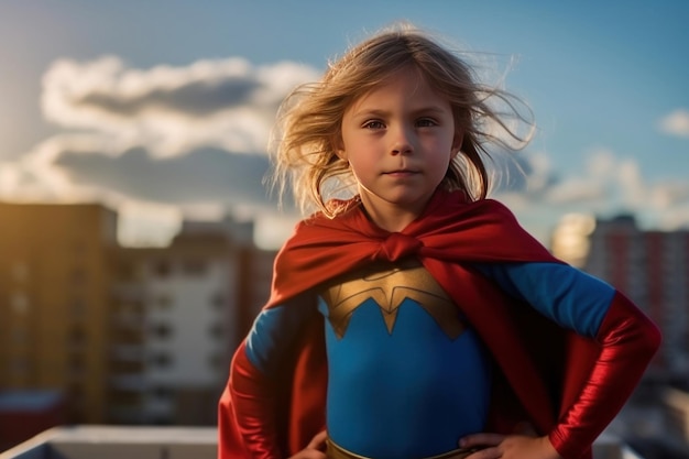 Słodka dziewczynka w garniturze superbohatera stojąca na niebieskim tle Girl Power Śniąca o przyszłości
