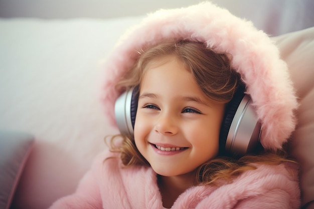 Słodka dziewczynka w słuchawkach słuchająca radosnych melodii generatywnych autorstwa Ai