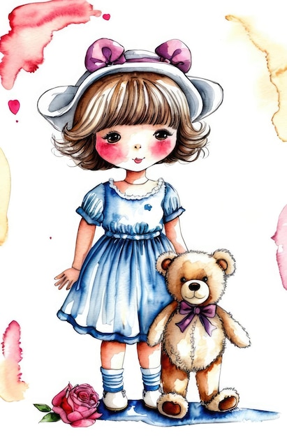 Słodka dziewczynka w sukience z pluszowym niedźwiedziem zabawką kolorowy akwarelowy rysunek na białym tle