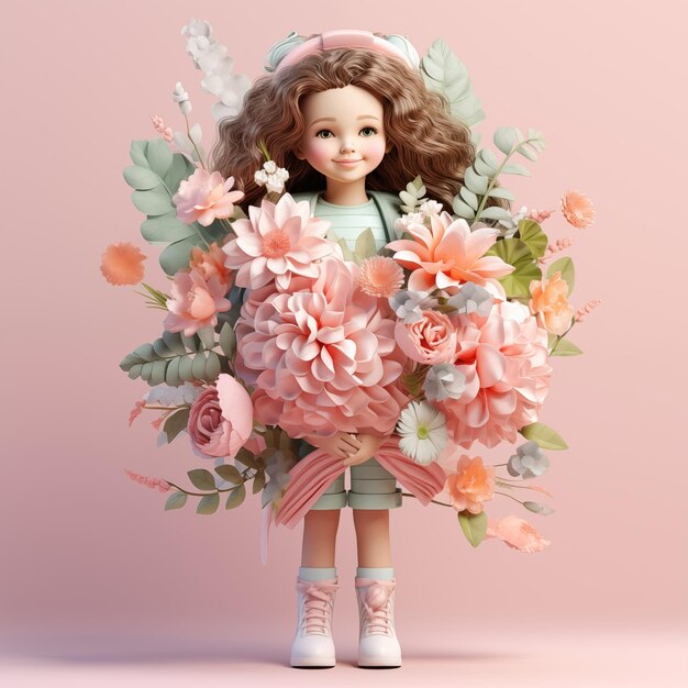 Zdjęcie słodka dziewczynka z kwiatami i liśćmi świeże kwiaty wokół pięknej dziewczyny