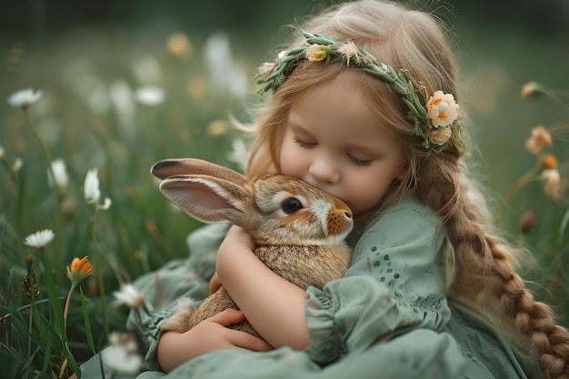 Zdjęcie słodka dziewczynka z małym królikiem na słonecznym polu wiosennym szczęśliwej wielkanoc koncepcji