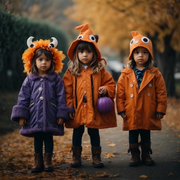 Słodka grupa dzieci w kostiumach potworów na Halloween.