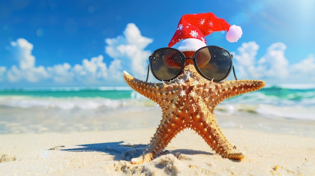 Słodka gwiazda morza w okularach przeciwsłonecznych i świątecznym kapeluszu na plaży