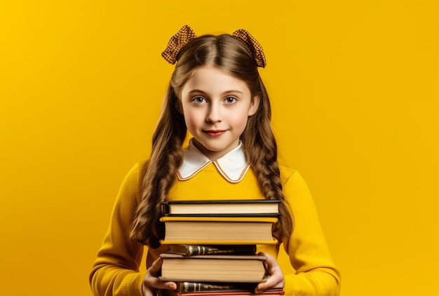 Słodka i inteligentna dziewczyna z okularami trzymająca stos książek wygenerowanych przez sztuczną inteligencję