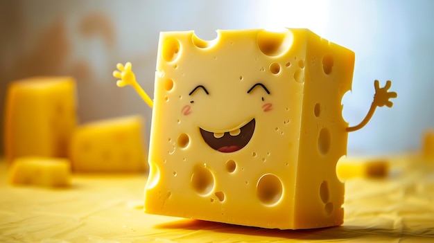 Słodka i szczęśliwa postać z kreskówki z serem ma duży uśmiech na twarzy i macha rękami