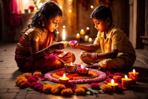 Słodka indyjska dziewczynka modli się i świętuje festiwal Diwali