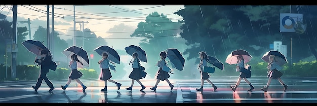 Zdjęcie słodka japońska dziewczyna w mundurze biegająca w deszczu po szkole ilustracja w stylu anime