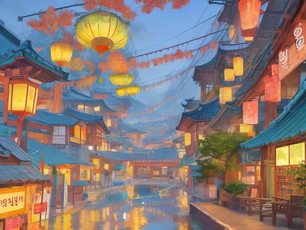 Słodka jasna akwarela ilustrująca azjatyckie miasto Świętowa atmosfera latarnie światła kawaii
