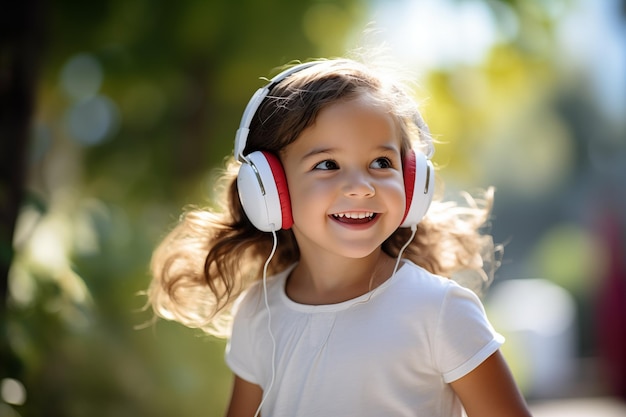 Słodka kaukazyjska dziewczyna na zewnątrz słucha muzyki z słuchawkami.