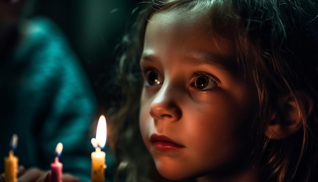 Słodka kaukazyjska dziewczyna patrząca na mały płomień w ciemnym pomieszczeniu generowany przez sztuczną inteligencję