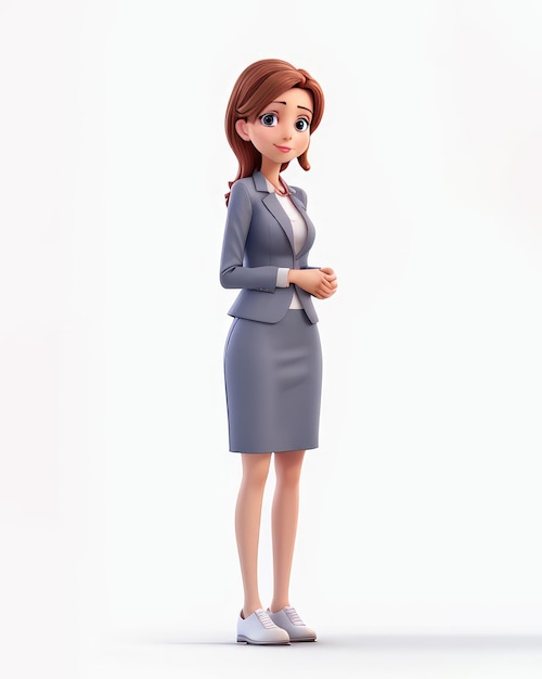 Słodka kobieta trzymająca się za ręce gestem do pustej specyfikacji kobieta biznesowa koncepcja na białym renderingu 3D