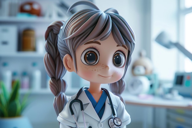 Słodka kobieta z kreskówki z stetoskopem stojąca w szpitalnym pokoju