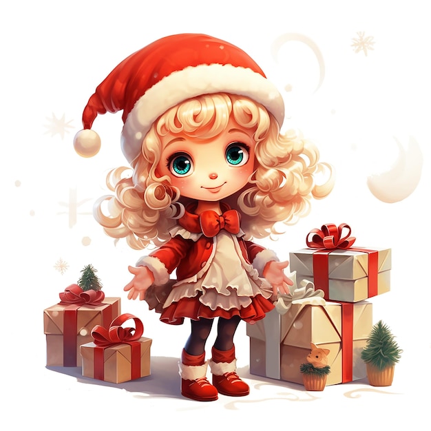 Słodka kreskówkowa dziewczynka świąteczna elf z mnóstwem prezentów