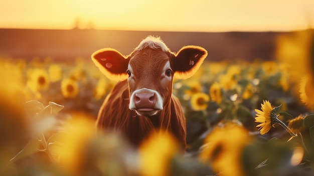 Słodka krowa na polu słonecznika przy zachodzie słońca