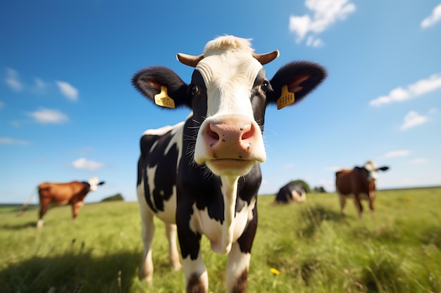 Słodka krowa pasie się na zielonym łące patrząc na kamerę generowaną