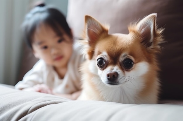 Słodka mała Azjatka bawi się z brązowym psem chihuahua siedzącym na kanapie w salonie