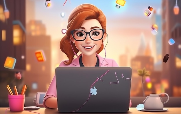 Słodka młoda bizneswoman pracująca z laptopem
