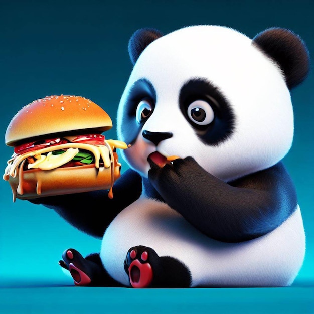 Słodka panda jedząca hamburger.