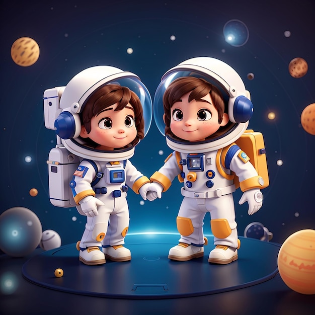 Słodka para astronautów bawiąca się razem w kosmosie kreskówka ikonka wektorowa ilustracja technologia naukowa